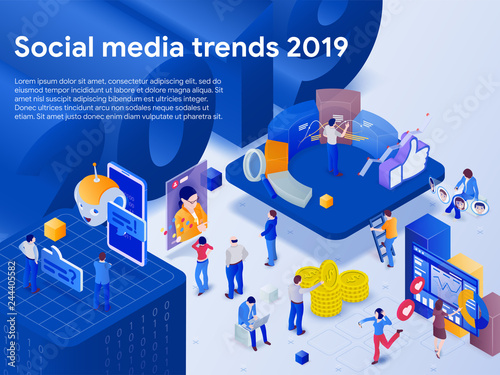 Social networks trends 2019. Dialogue with chat bot. arnings in social media. Opinion experts. Stories. Statistics and analytics. 3d isometric promotion business concept. Vector illustration