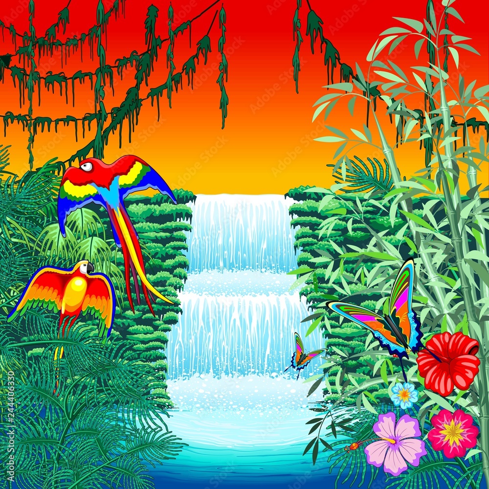 Fototapeta premium Wodospad ary i motyle na egzotyczny krajobraz w ilustracji wektorowych styl Naif dżungli