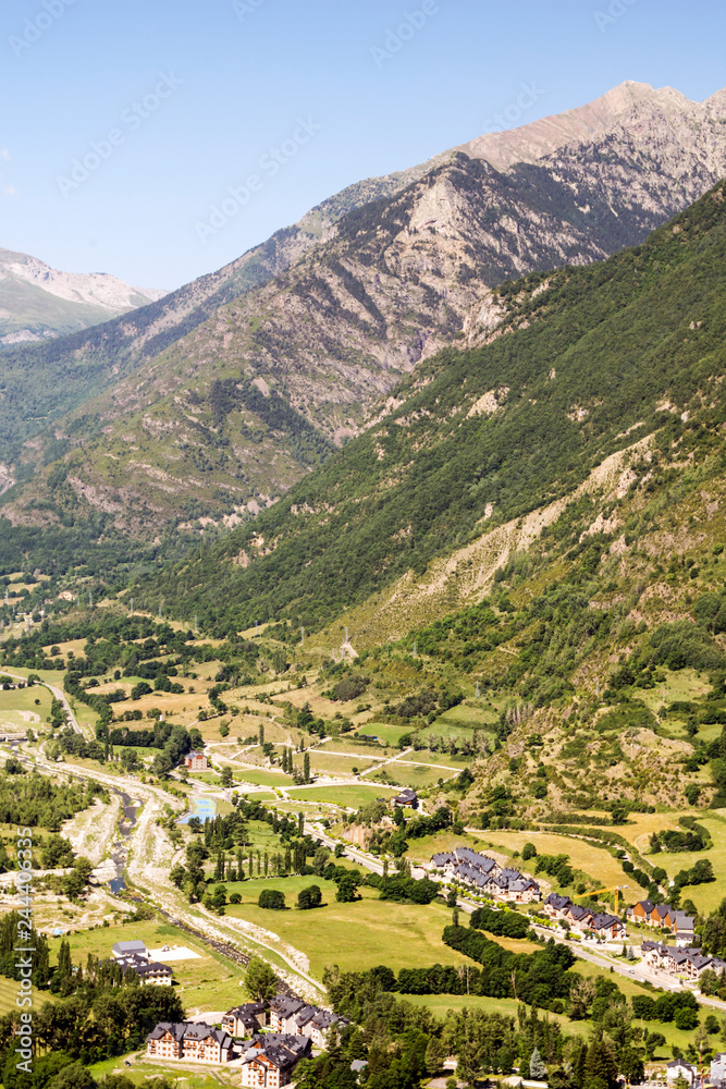 Mountains of the Pyrenees in the Benasque valley in Spain on a sunny day.