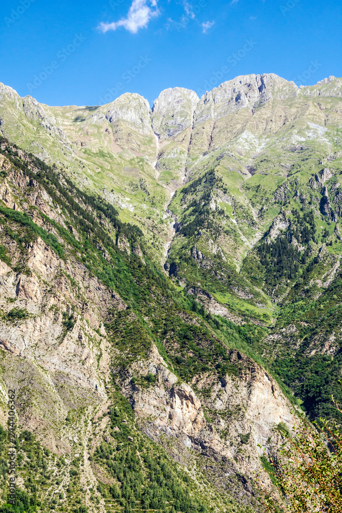 Mountains of the Pyrenees in the Benasque valley in Spain on a sunny day.