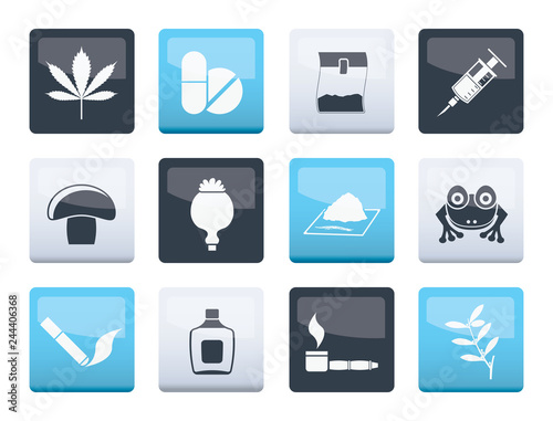 Different kind of drug icons over color background - vector icon set