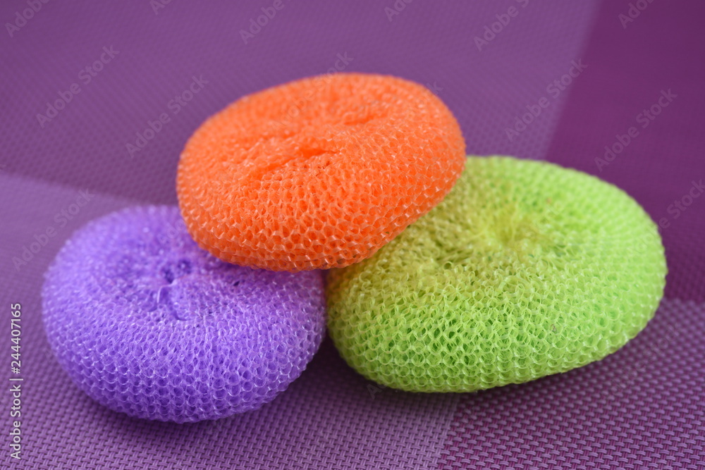 three colorful plastic scourer , Kitchen sponge