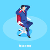 isometric image on a blue background, a man in a business suit sitting on a chair, rest or idleness