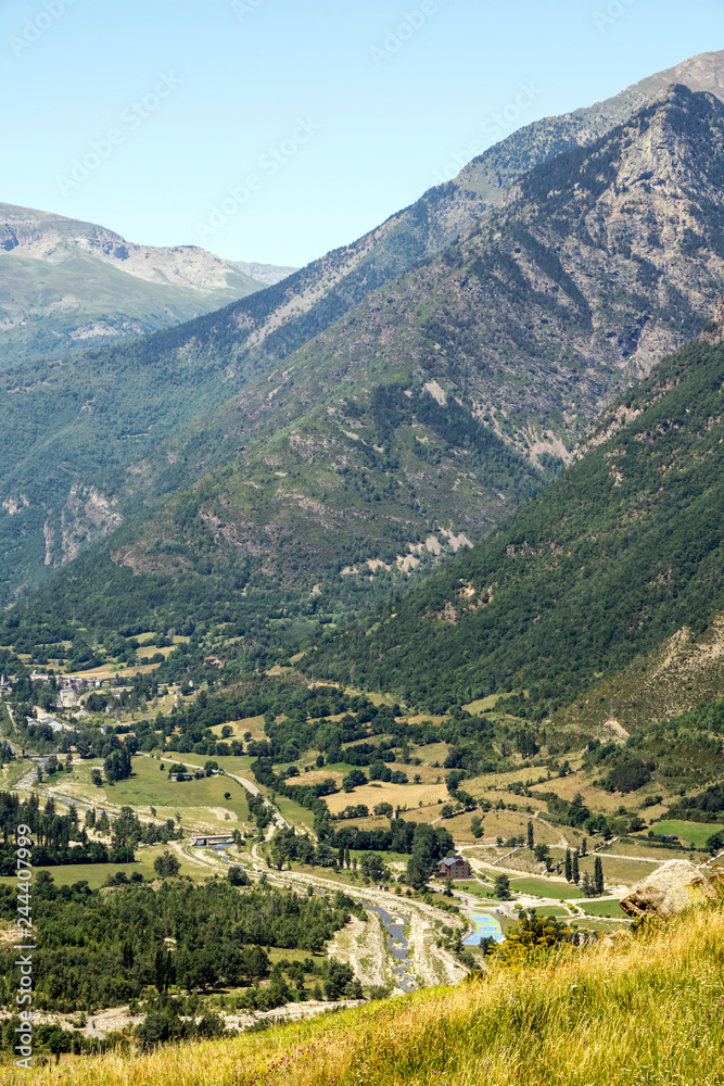 Mountains of the Pyrenees in the Benasque valley in Spain on a sunny day.