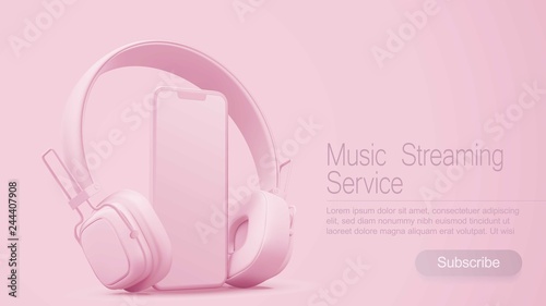 3D style headphones and smartphone on a pink background, Concept banner design for music streaming service