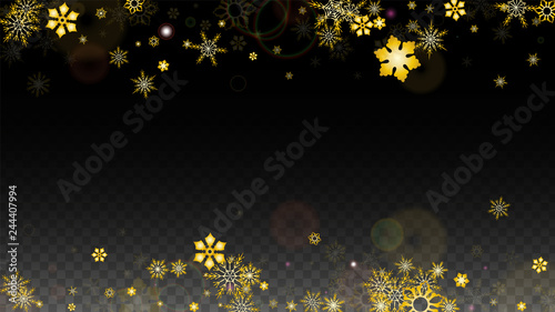 Christmas  Vector Background with Gold Falling Snowflakes Isolated on Transparent Background. Realistic Snow Sparkle Pattern. Snowfall Overlay Print. Winter Sky. Design for Party Invitation.