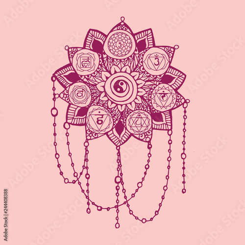 Doodle style pink line art lotus with yoga chakras pictogram and hieroglyph. Vector illustration for print design photo