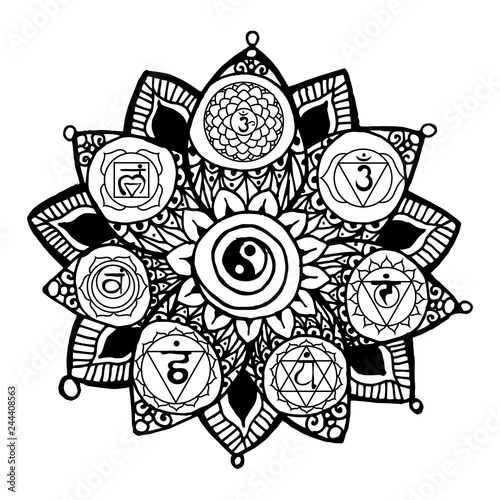 Doodle style monochrome black line art lotus with yoga chakras pictogram and hieroglyph. Vector illustration for print design, adult coloring page template