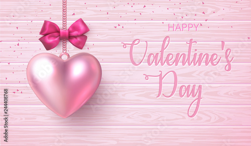Happy St. Valentine's Day pink wooden card with 3d heart and confetti.