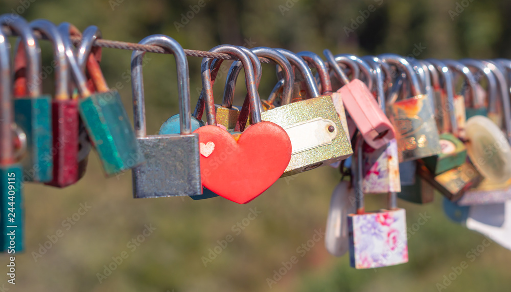 Heart shape locks, Symbol of eternity love hanging on the fence of bridge  by couple, romantic ceremony date in Happy Valentine's day Stock Photo |  Adobe Stock