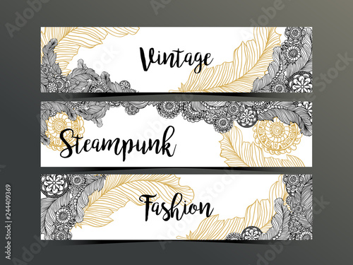 Hand drawn steampunk technology element with gear-wheel and feathers. Artistic design for flyer, banner, websites, headers or printing. Dark background