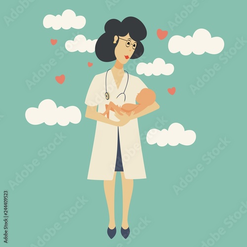nurse midwife with a newborn in her arms on the background of hearts and clouds