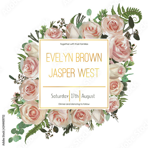 Wedding floral invitation, invite card. Vector watercolor green forest leaf, fern, brunia, branches boxwood, buxus, eucalyptus, tea roses and chamaelaucium. Natural, botanical decorative frame gold