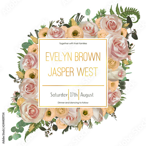 Wedding floral invitation, invite card. Vector watercolor green forest leaf, fern, brunia, branches boxwood, buxus, eucalyptus, eustoma, tea roses and chamaelaucium. Natural, botanical