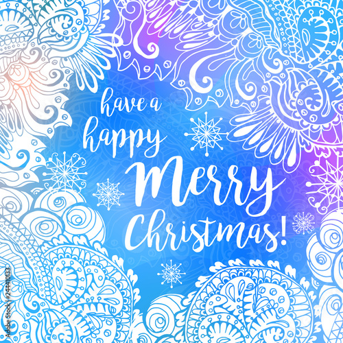 Blue and white winter typography poster or card with Have a Happy Merry Christmas design, hand drawn doodle ornament and snowflakes