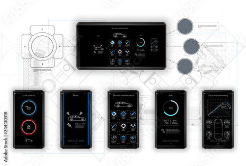 Template mobile application, for management and diagnosis of cars, service application for diagnosis, the background is made in the style of drawings. vector image.