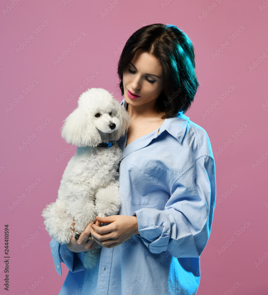 Beautiful woman hold poodle dog puppy sitting on pink Beautiful woman hold poodle dog puppy sitting on pink