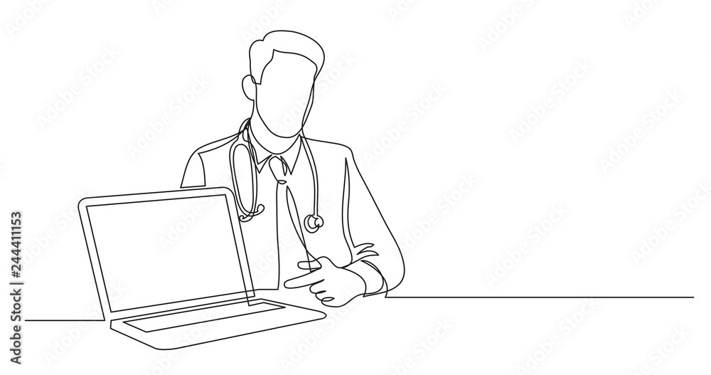 one line vector drawing of hospital doctor sitting pointing at laptop screen one line vector drawing of hospital doctor sitting pointing at laptop screen
