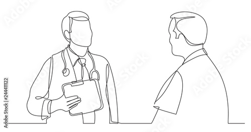 one line vector drawing of hospital doctor consulting male patient
