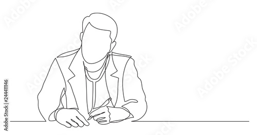 one line vector drawing of hospital doctor listening carefully making notes during meeting