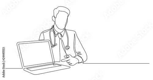 one line vector drawing of hospital doctor sitting pointing at laptop screen