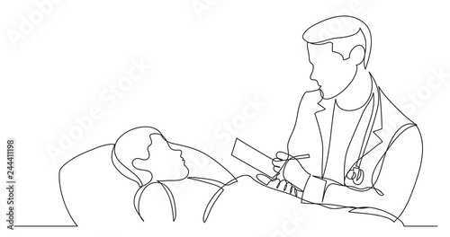 one line vector drawing of hospital man doctor examining child patient making notes