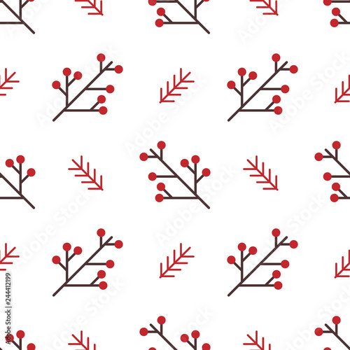 Seamless winter pattern with red berries and branches. Simple vector background of nordic geometrical style.