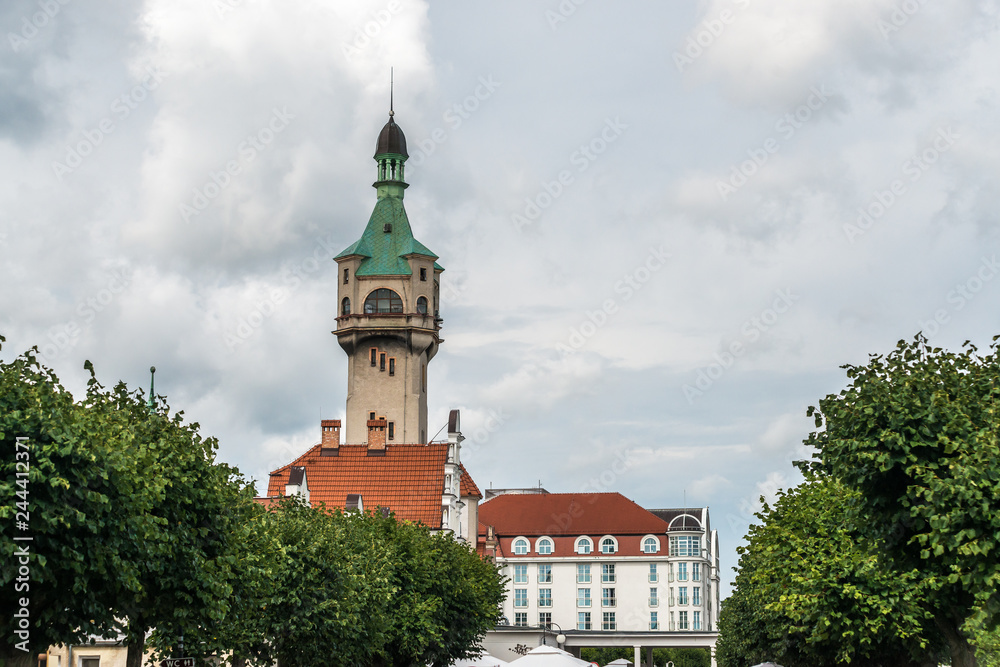 Sopot, Poland: Lighthouse tower  on cloudy sky