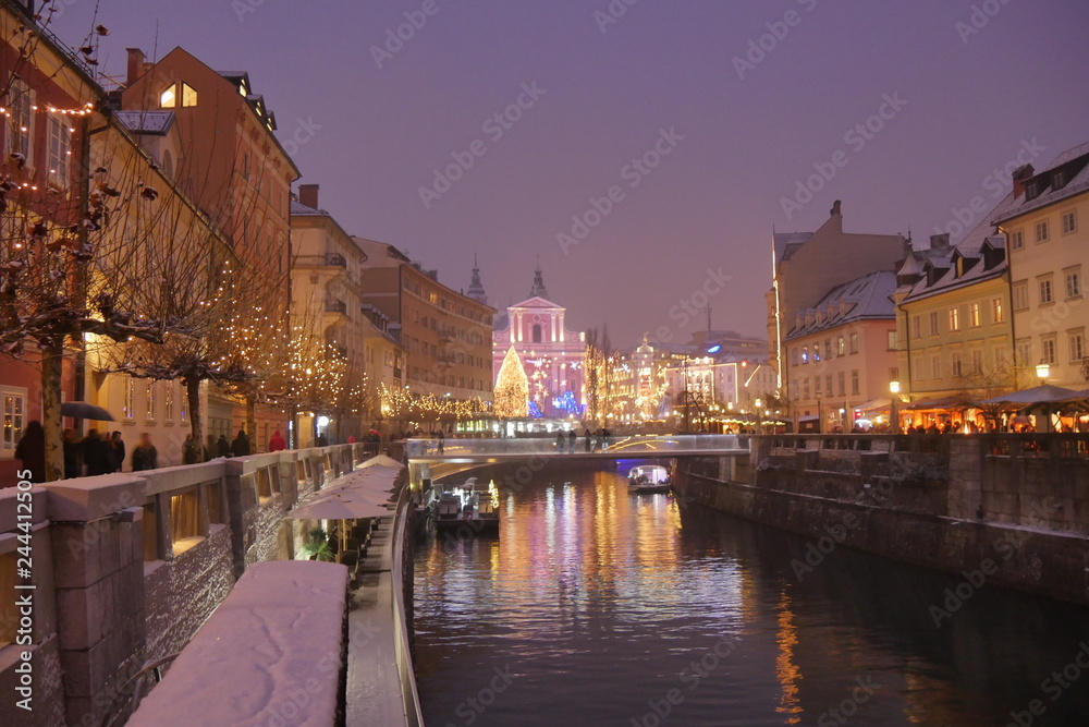 Colourful christmas lights and trees in Ljubljana city center