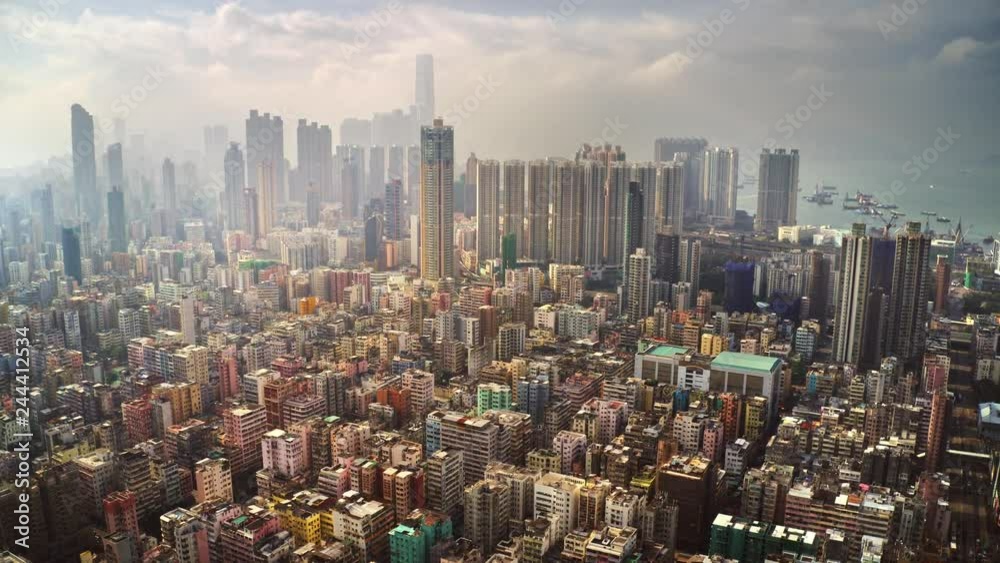 Hong Kong morning cityscape HYPER Lapse. Aerial 4K time lapse video of Kowloon. Cinematic aerials
