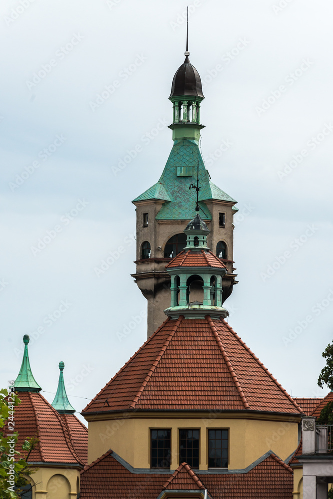 Fototapeta premium Sopot, Poland: Lighthouse tower on cloudy sky