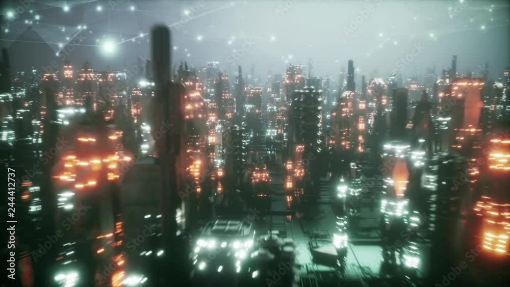 Futuristic city at night in the fog Futuristic city at night in the fog