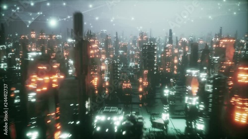 Futuristic city at night in the fog photo