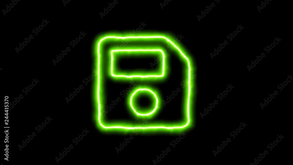 The appearance of the green neon symbol save. Flicker, In - Out. Alpha channel Premultiplied - Matted with color black The appearance of the green neon symbol save. Flicker, In - Out. Alpha channel Premultiplied - Matted with color black
