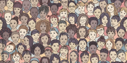 Diverse group of children - seamless banner of 70 different hand drawn kids' faces, kids and teens of diverse ethnicity
