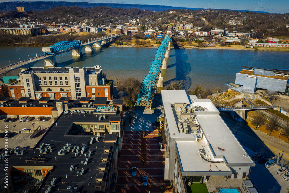 Aerial view of the Walnut Street Bridge crossing the Tennessee River from the south side to the north side of Chattanooga.