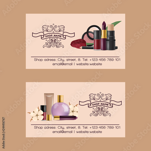 Cosmetic vector business card beauty make up cosmetology for beautiful woman with makeup foundation powder or eyeshadow illustration set of business-card cosmetician accessories background