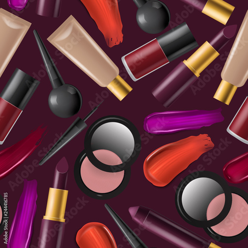 Cosmetic seamless pattern vector beauty make up cosmetology for beautiful woman with makeup foundation powder or eyeshadow illustration cosmetician accessories background