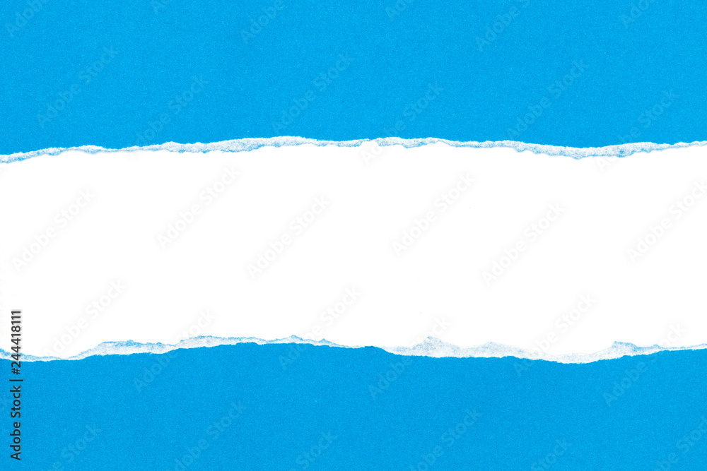 Blue ripped open paper on white paper background Blue ripped open paper on white paper background