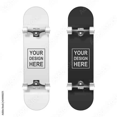 Skateboarding. Vector Realistic 3d White and Black Blank Skateboard Icon Set Closeup Isolated on White Background. Design Template of Skate Board Showing the Bottom for Mockup. Top view