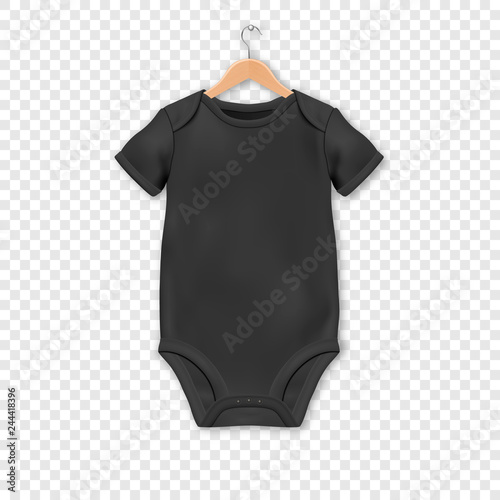 Vector Realistic Black Blank Baby Bodysuit Template, Mock-up Hanging on a Hanger Closeup Isolated on Transparent Background. Body Children, Baby Shirt, Onesie. Accessories, lothes for Newborns