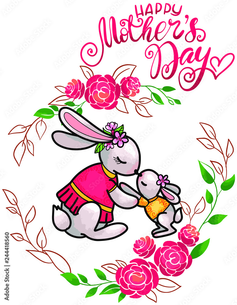 Happy Mother’s day. Greeting card with the image of cute rabbir family. Vector illustration in cartoon style. Happy Mother’s day. Greeting card with the image of cute rabbir family. Vector illustration in cartoon style.
