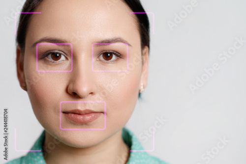 Futuristic and technological scanning of the face of a beautiful woman for facial recognition and scanned person. It can serve to ensure personal safety. Concept of future, security, scanning