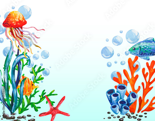 Underwater sea animals  corals and algae color frame background. Acrylic paint hand drwan marine illustration