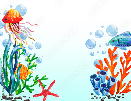 Underwater sea animals, corals and algae color frame background. Acrylic paint hand drwan marine illustration