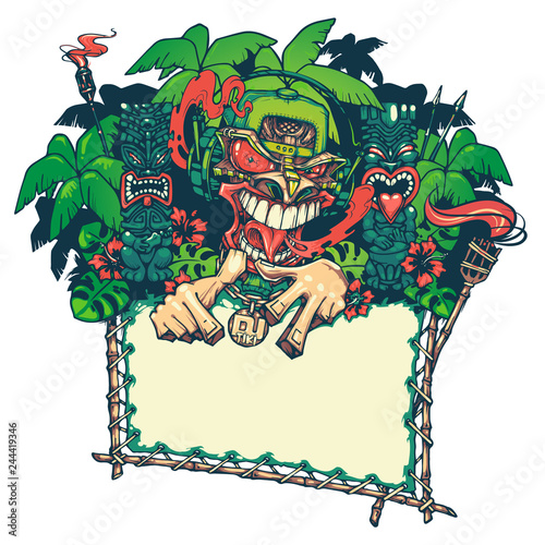 DJ Tiki with headphones on the background of Tiki and palm trees. Frame for your text