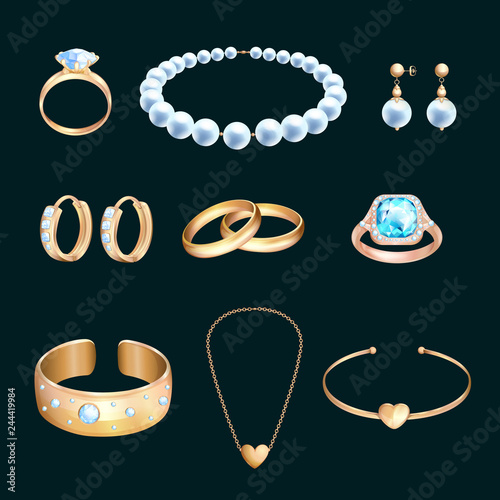 Golden jewelry and gems, vector cartoon illustration. Set of diamond necklace, chain and wedding rings.