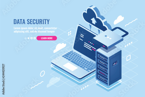 Internet data security concept, laptop with server rack and clock, protection and encryption data transfer, cloud data storage isometric icon, database query, pc antivirus flat vector illustration