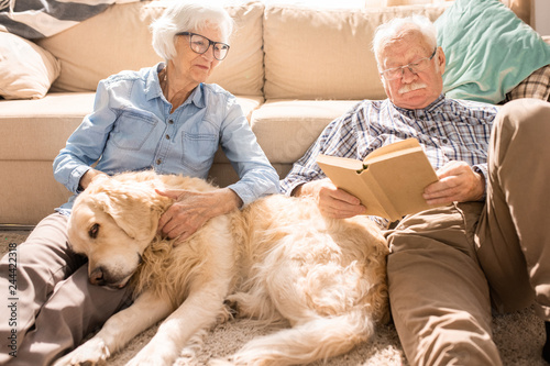Portrait of happy senior couple cuddling with pet dog and reading books  sitting on floor at home  in sunlight