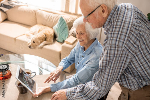 High angle  portrait of modern senior couple using digital tablet sitting at table at home with pet dog in background, copy space